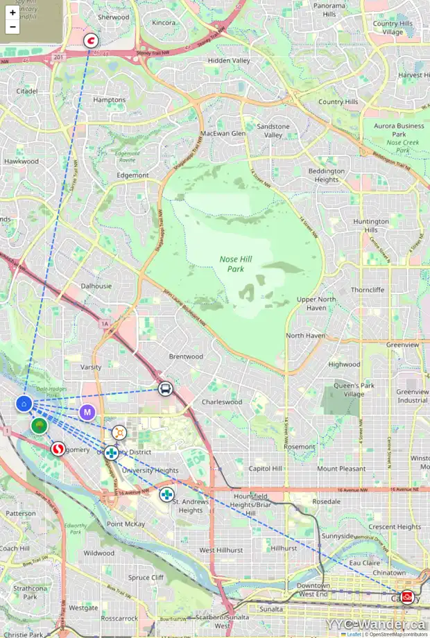 Daily accessibility map for 2 6211 BOWNESS RD NW, Calgary showing nearby schools, grocery stores, parks, LRT stations and nearby amenities