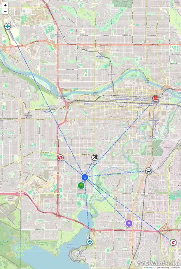 Daily accessibility map for 4324 16A ST SW, Calgary showing nearby schools, grocery stores, parks, LRT stations and nearby amenities