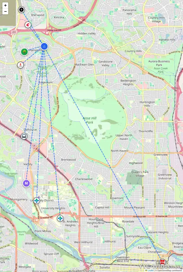 Daily accessibility map for 201 HAMPTONS GD NW, Calgary showing nearby schools, grocery stores, parks, LRT stations and nearby amenities