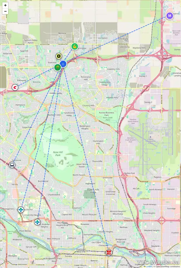 Daily accessibility map for 72 EVANSDALE WY NW, Calgary showing nearby schools, grocery stores, parks, LRT stations and nearby amenities