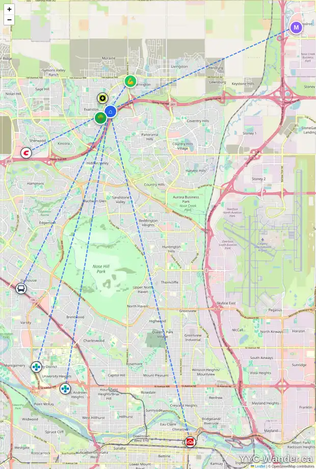 Daily accessibility map for 80 EVANSDALE WY NW, Calgary showing nearby schools, grocery stores, parks, LRT stations and nearby amenities