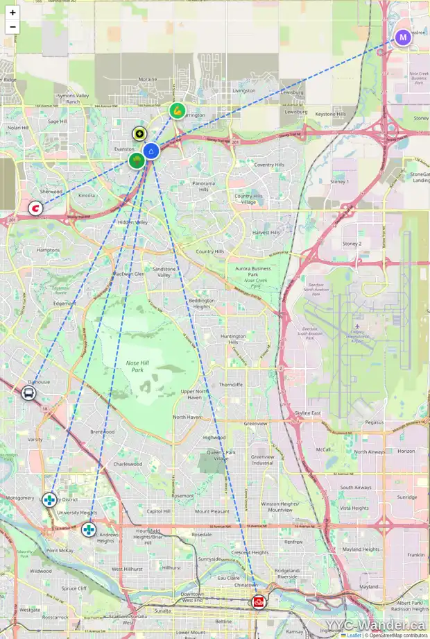 Daily accessibility map for 100 EVANSDALE WY NW, Calgary showing nearby schools, grocery stores, parks, LRT stations and nearby amenities