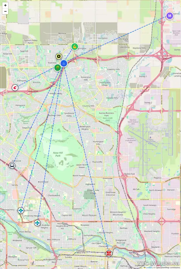 Daily accessibility map for 104 EVANSDALE WY NW, Calgary showing nearby schools, grocery stores, parks, LRT stations and nearby amenities