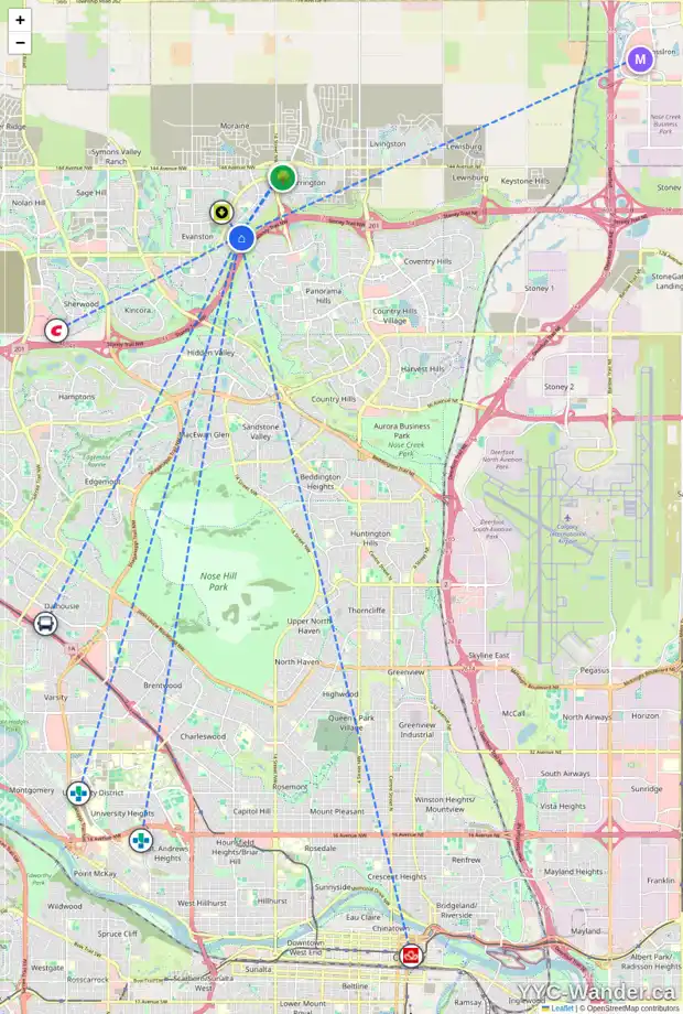 Daily accessibility map for 112 EVANSDALE WY NW, Calgary showing nearby schools, grocery stores, parks, LRT stations and nearby amenities