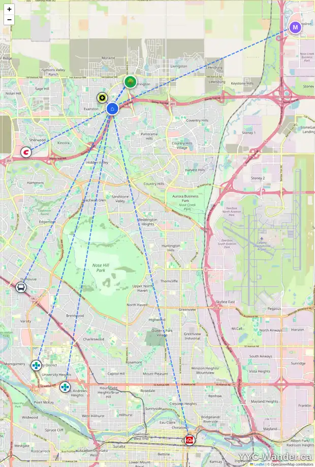 Daily accessibility map for 140 EVANSDALE WY NW, Calgary showing nearby schools, grocery stores, parks, LRT stations and nearby amenities