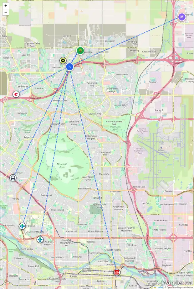 Daily accessibility map for 156 EVANSDALE WY NW, Calgary showing nearby schools, grocery stores, parks, LRT stations and nearby amenities