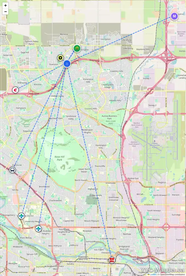 Daily accessibility map for 160 EVANSDALE WY NW, Calgary showing nearby schools, grocery stores, parks, LRT stations and nearby amenities