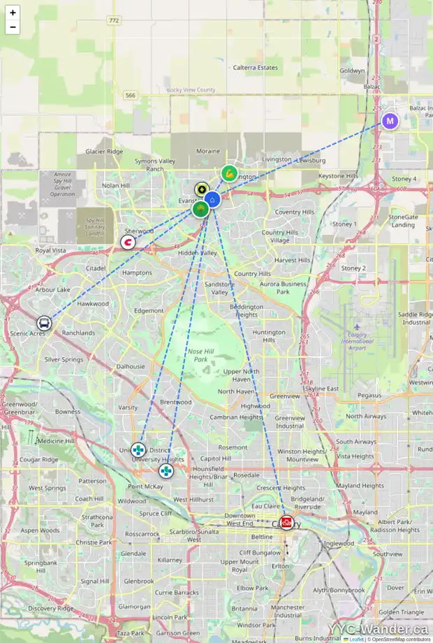 Daily accessibility map for 169 EVANSDALE WY NW, Calgary showing nearby schools, grocery stores, parks, LRT stations and nearby amenities