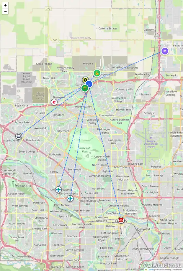 Daily accessibility map for 19 EVANSDALE PL NW, Calgary showing nearby schools, grocery stores, parks, LRT stations and nearby amenities