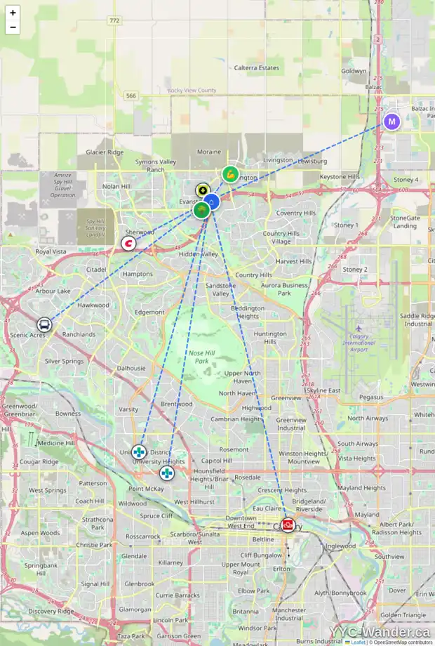 Daily accessibility map for 39 EVANSDALE PL NW, Calgary showing nearby schools, grocery stores, parks, LRT stations and nearby amenities