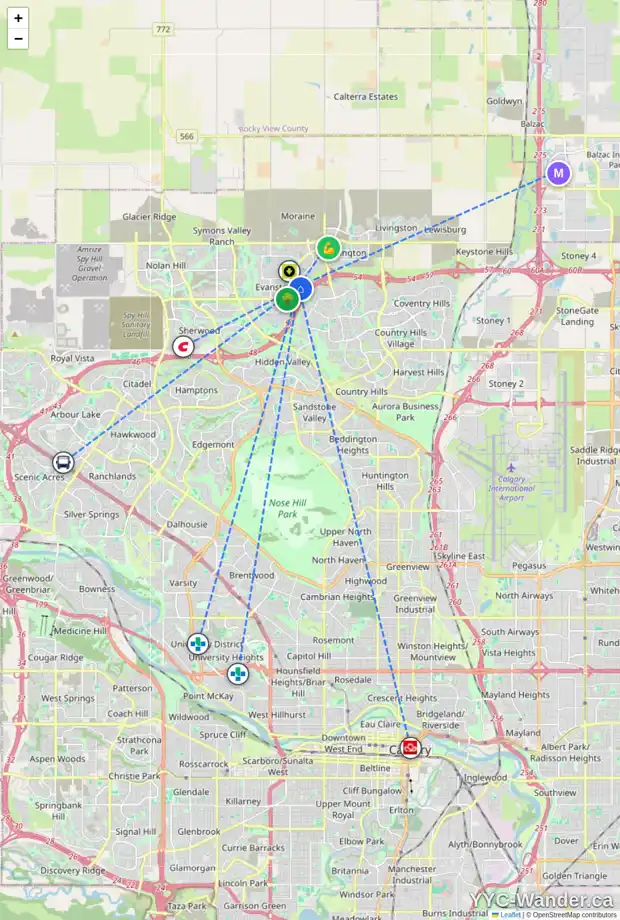 Daily accessibility map for 102 EVANSDALE LI NW, Calgary showing nearby schools, grocery stores, parks, LRT stations and nearby amenities