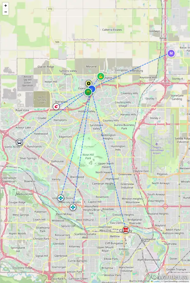 Daily accessibility map for 75 EVANSDALE WY NW, Calgary showing nearby schools, grocery stores, parks, LRT stations and nearby amenities
