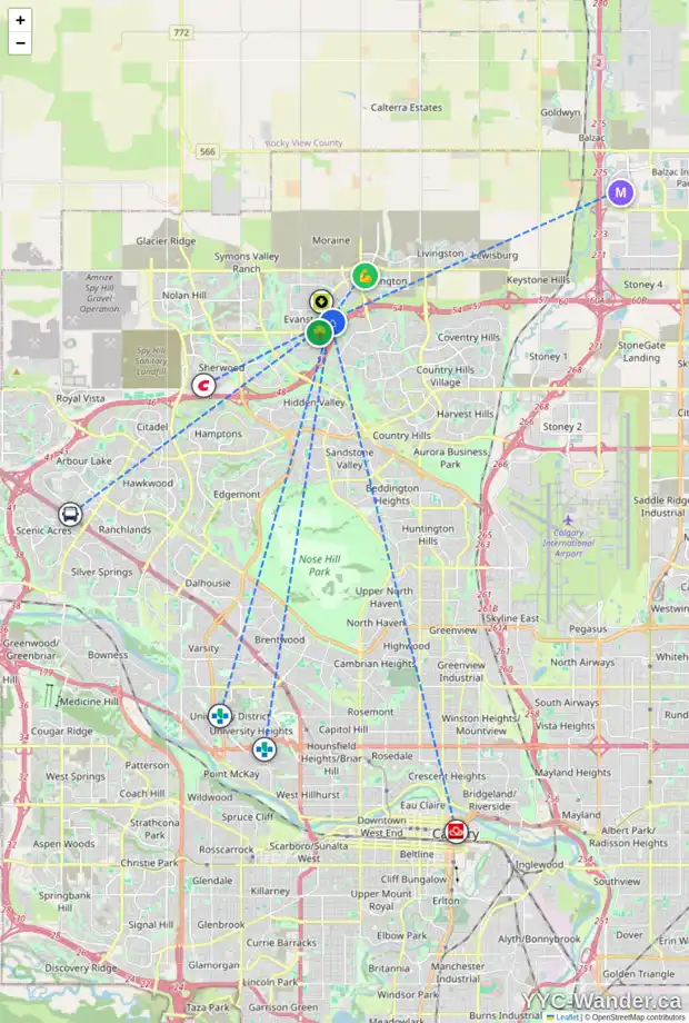 Daily accessibility map for 71 EVANSDALE WY NW, Calgary showing nearby schools, grocery stores, parks, LRT stations and nearby amenities