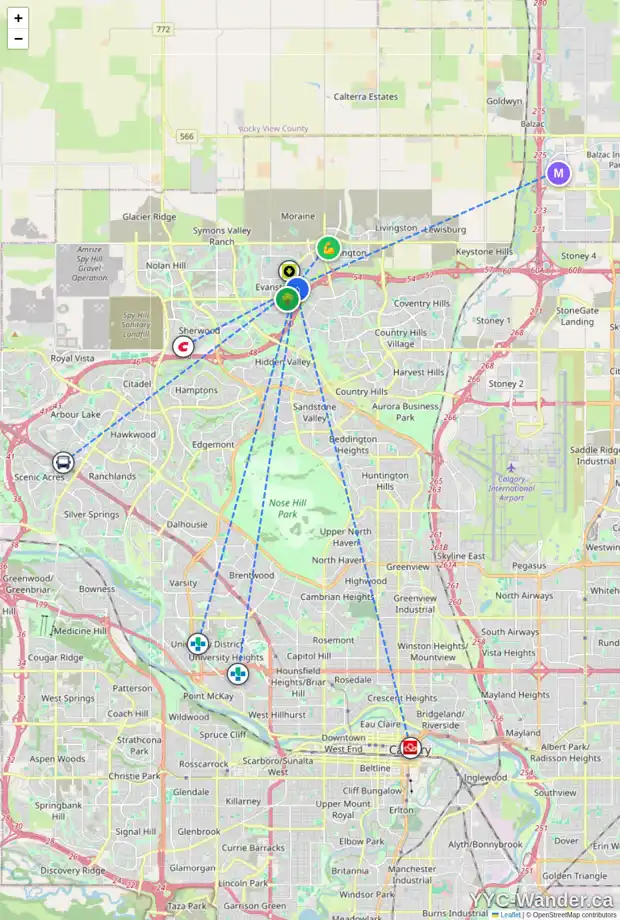 Daily accessibility map for 38 EVANSDALE CO NW, Calgary showing nearby schools, grocery stores, parks, LRT stations and nearby amenities