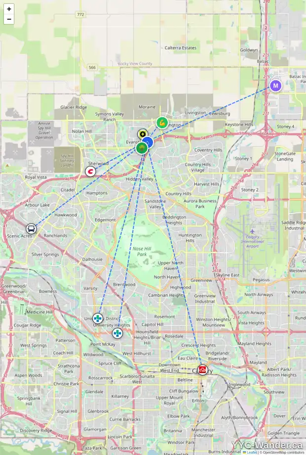 Daily accessibility map for 50 EVANSDALE CO NW, Calgary showing nearby schools, grocery stores, parks, LRT stations and nearby amenities