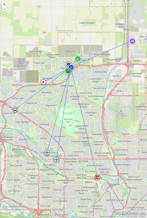 Daily accessibility map for 241 EVANSDALE WY NW, Calgary showing nearby schools, grocery stores, parks, LRT stations and nearby amenities