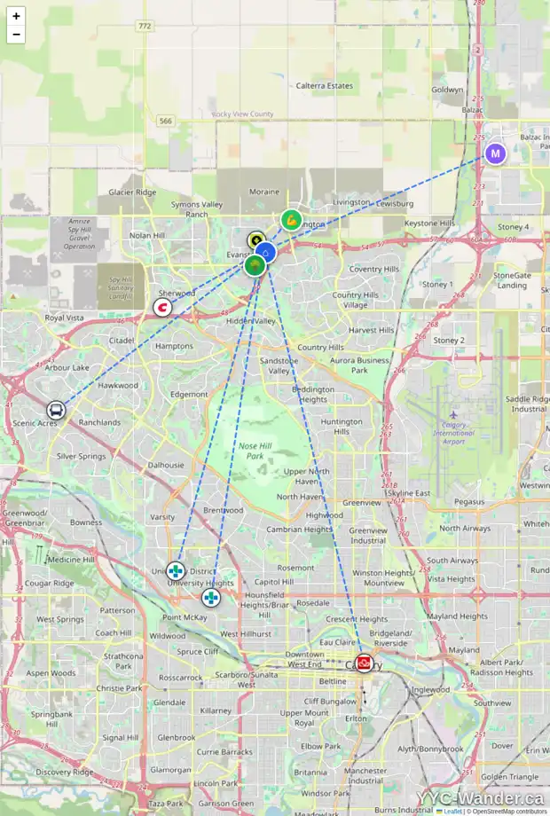 Daily accessibility map for 249 EVANSDALE WY NW, Calgary showing nearby schools, grocery stores, parks, LRT stations and nearby amenities