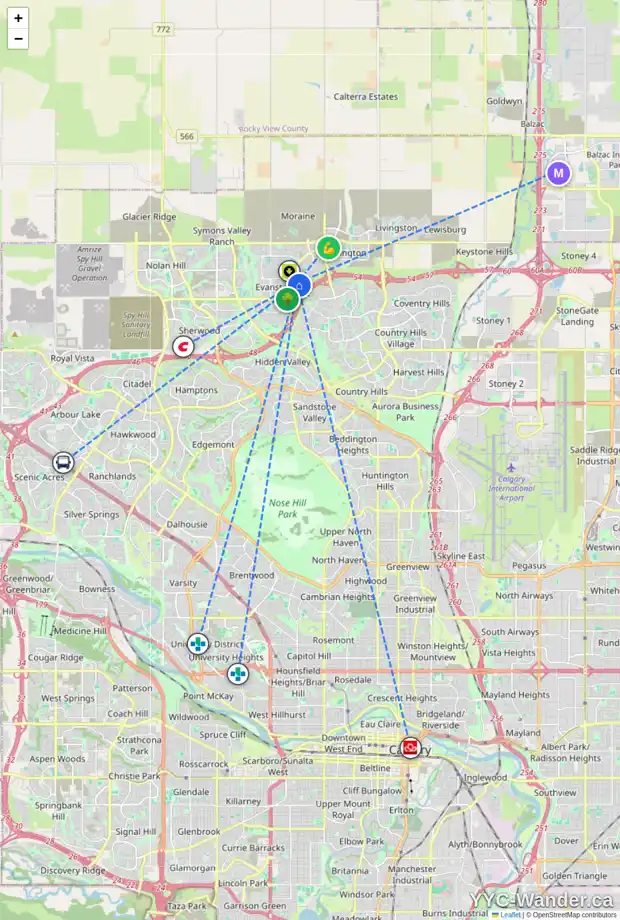 Daily accessibility map for 253 EVANSDALE WY NW, Calgary showing nearby schools, grocery stores, parks, LRT stations and nearby amenities