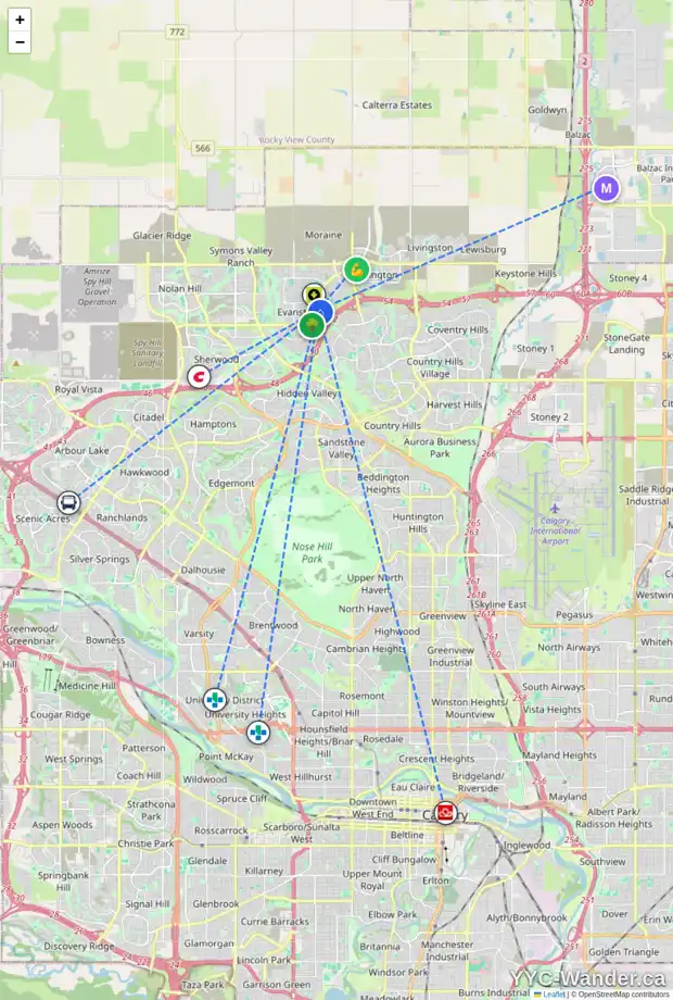 Daily accessibility map for 337 EVANSDALE WY NW, Calgary showing nearby schools, grocery stores, parks, LRT stations and nearby amenities