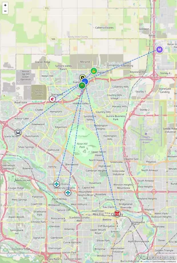 Daily accessibility map for 271 EVANSDALE WY NW, Calgary showing nearby schools, grocery stores, parks, LRT stations and nearby amenities