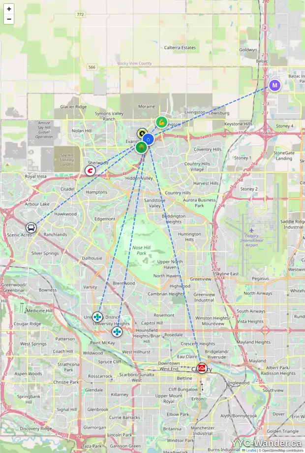 Daily accessibility map for 216 EVANSDALE WY NW, Calgary showing nearby schools, grocery stores, parks, LRT stations and nearby amenities