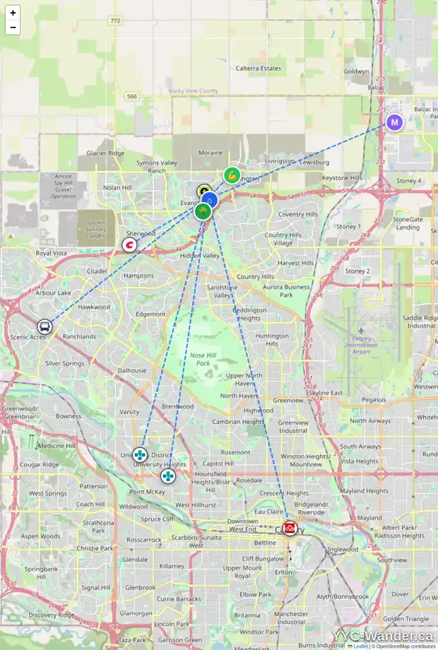 Daily accessibility map for 276 EVANSDALE WY NW, Calgary showing nearby schools, grocery stores, parks, LRT stations and nearby amenities