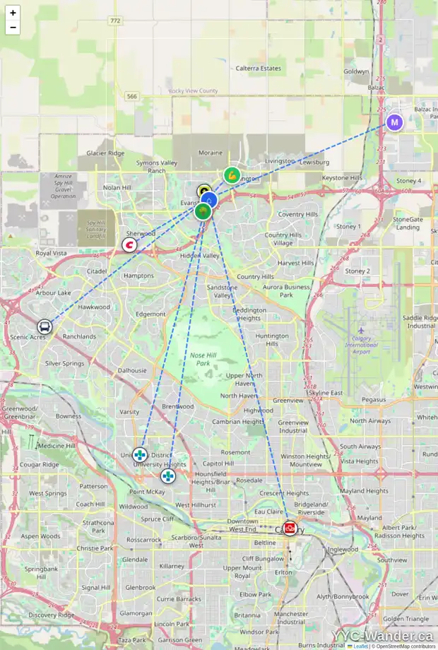 Daily accessibility map for 288 EVANSDALE WY NW, Calgary showing nearby schools, grocery stores, parks, LRT stations and nearby amenities