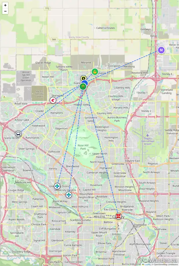 Daily accessibility map for 358 EVANSDALE WY NW, Calgary showing nearby schools, grocery stores, parks, LRT stations and nearby amenities