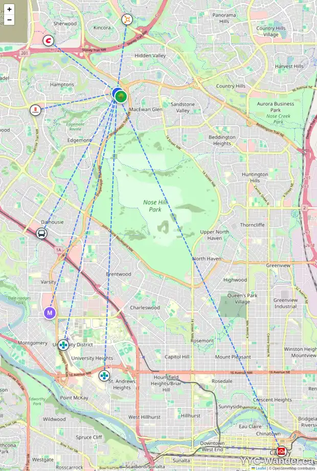 Daily accessibility map for 323 EDGERIDGE GD NW, Calgary showing nearby schools, grocery stores, parks, LRT stations and nearby amenities