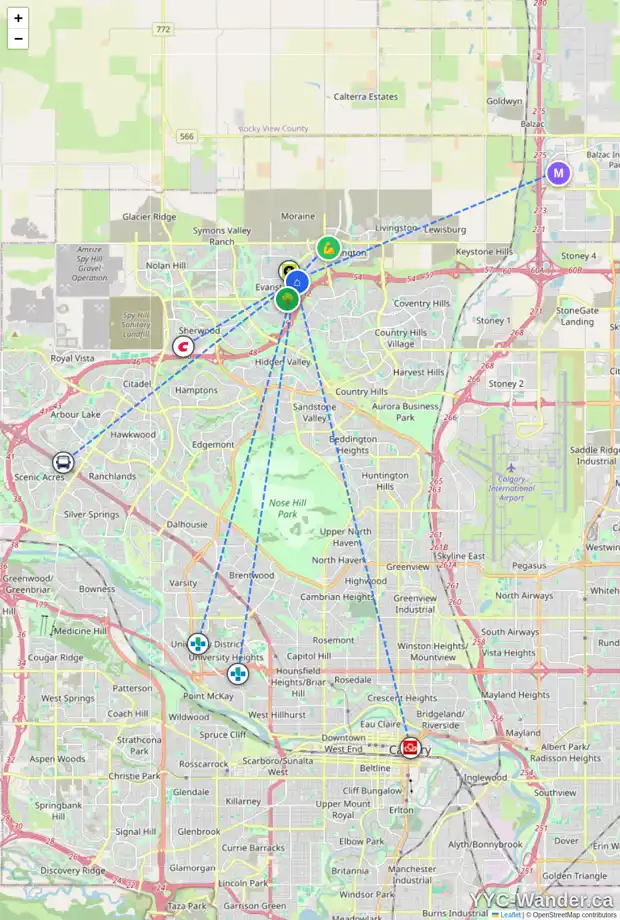 Daily accessibility map for 33 EVANSTON WY NW, Calgary showing nearby schools, grocery stores, parks, LRT stations and nearby amenities
