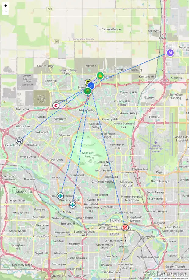 Daily accessibility map for 45 EVANSTON WY NW, Calgary showing nearby schools, grocery stores, parks, LRT stations and nearby amenities