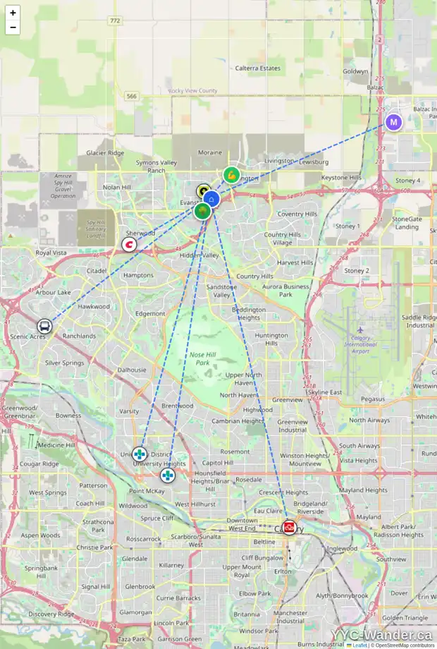 Daily accessibility map for 61 EVANSTON WY NW, Calgary showing nearby schools, grocery stores, parks, LRT stations and nearby amenities