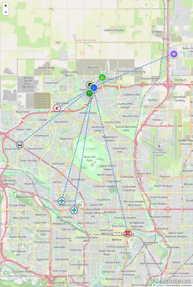 Daily accessibility map for 77 EVANSTON WY NW, Calgary showing nearby schools, grocery stores, parks, LRT stations and nearby amenities