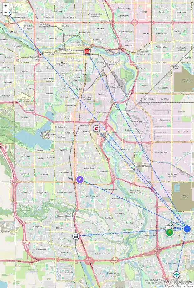 Daily accessibility map for 1629 NEW BRIGHTON DR SE, Calgary showing nearby schools, grocery stores, parks, LRT stations and nearby amenities