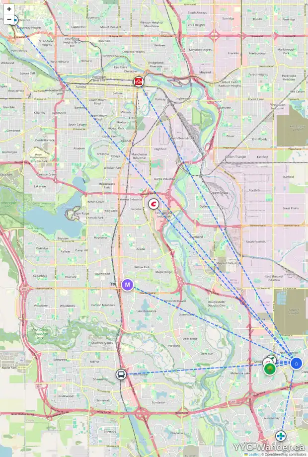 Daily accessibility map for 1661 NEW BRIGHTON DR SE, Calgary showing nearby schools, grocery stores, parks, LRT stations and nearby amenities