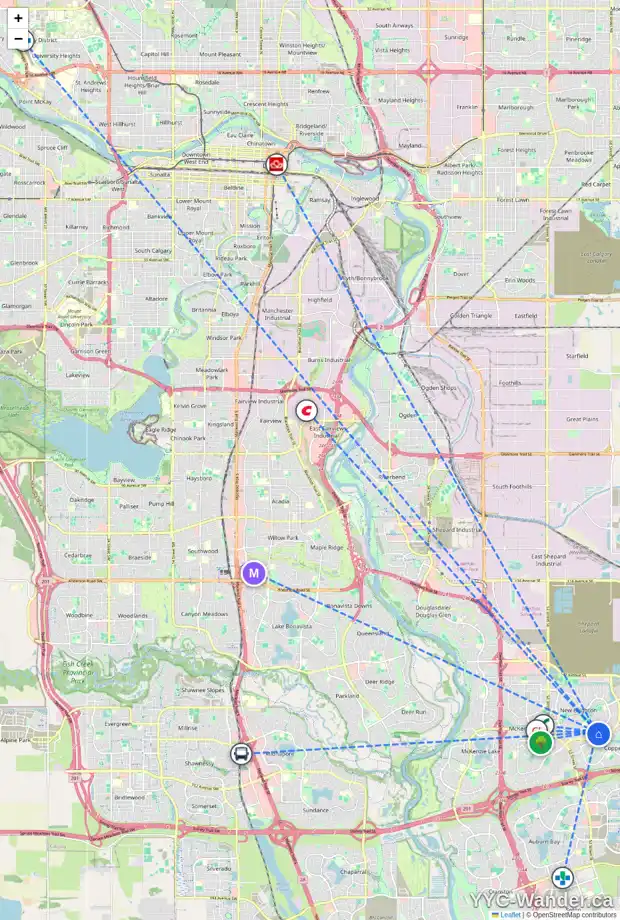 Daily accessibility map for 26 NEW BRIGHTON HT SE, Calgary showing nearby schools, grocery stores, parks, LRT stations and nearby amenities