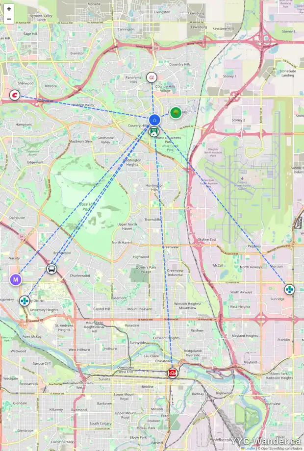 Daily accessibility map for 1053 COUNTRY HILLS CI NW, Calgary showing nearby schools, grocery stores, parks, LRT stations and nearby amenities