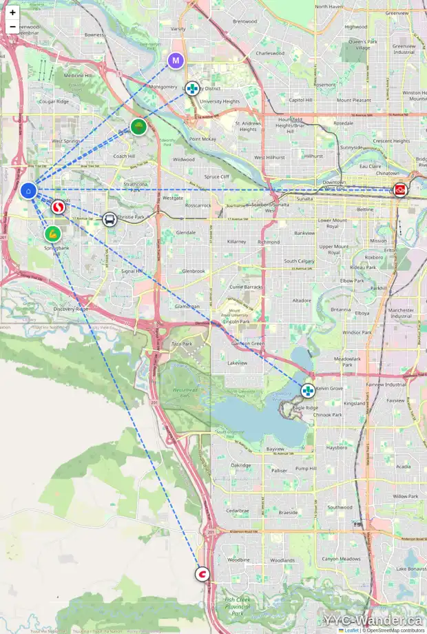 Daily accessibility map for 24 ASPEN CLIFF CL SW, Calgary showing nearby schools, grocery stores, parks, LRT stations and nearby amenities