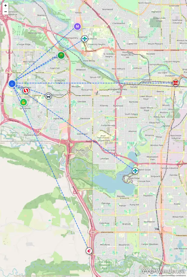 Daily accessibility map for 23 ASPEN CLIFF CL SW, Calgary showing nearby schools, grocery stores, parks, LRT stations and nearby amenities