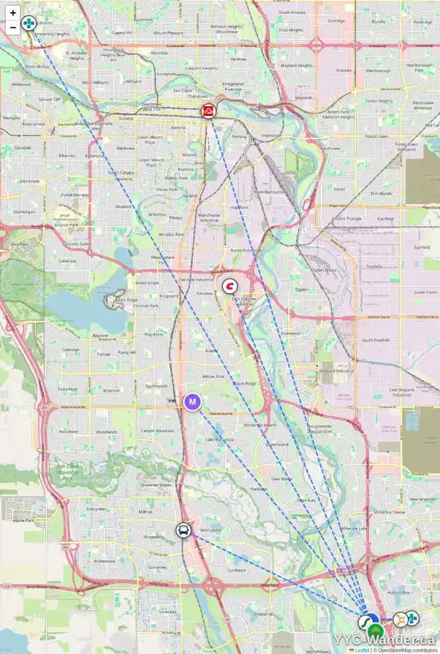 Daily accessibility map for 34 CRANBERRY AV SE, Calgary showing nearby schools, grocery stores, parks, LRT stations and nearby amenities