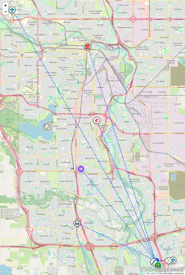 Daily accessibility map for 38 CRANBERRY AV SE, Calgary showing nearby schools, grocery stores, parks, LRT stations and nearby amenities