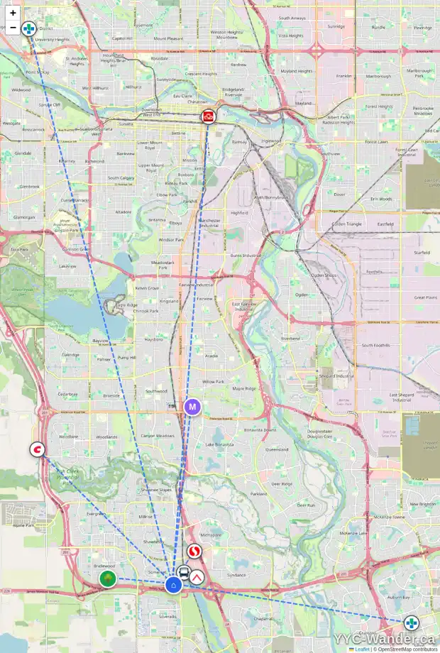 Daily accessibility map for 83 SOMERGLEN RD SW, Calgary showing nearby schools, grocery stores, parks, LRT stations and nearby amenities