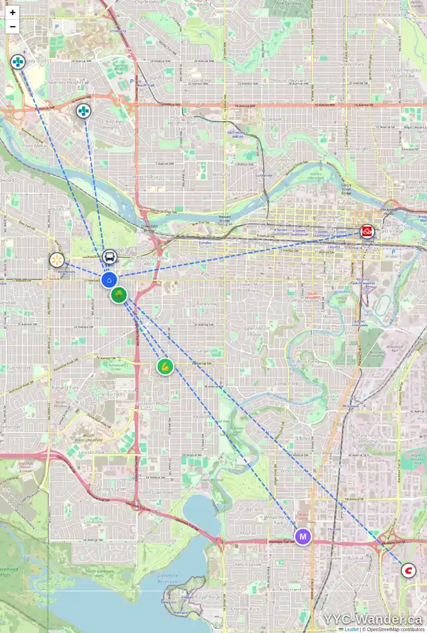 Daily accessibility map for 204 2730 17 AV SW, Calgary showing nearby schools, grocery stores, parks, LRT stations and nearby amenities