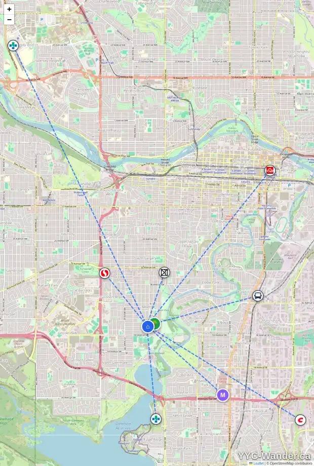 Daily accessibility map for 1712 48 AV SW, Calgary showing nearby schools, grocery stores, parks, LRT stations and nearby amenities