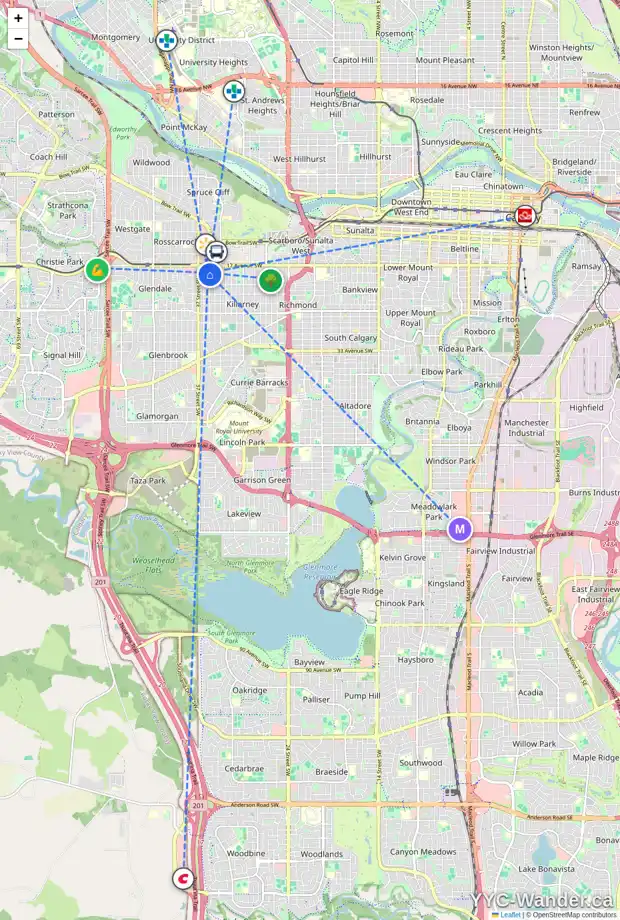 Daily accessibility map for 2 1935 35 ST SW, Calgary showing nearby schools, grocery stores, parks, LRT stations and nearby amenities