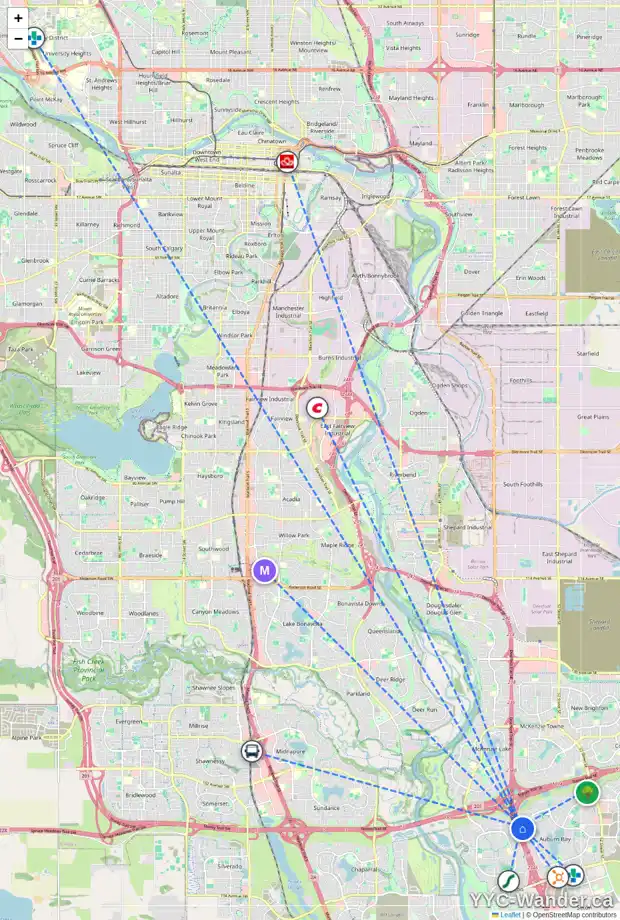 Daily accessibility map for 53 AUTUMN TC SE, Calgary showing nearby schools, grocery stores, parks, LRT stations and nearby amenities
