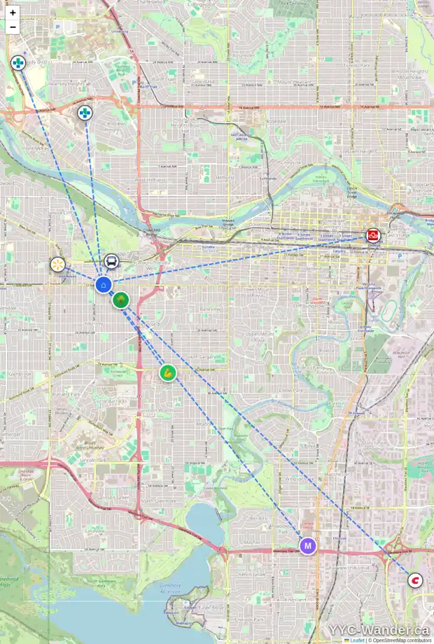 Daily accessibility map for 5 1744 28 ST SW, Calgary showing nearby schools, grocery stores, parks, LRT stations and nearby amenities