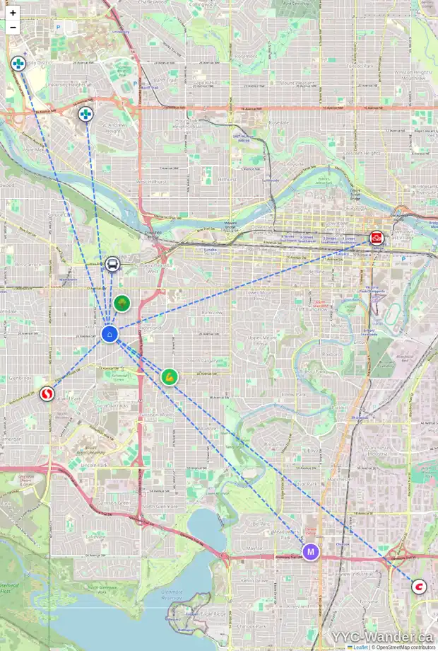 Daily accessibility map for 2628 27 ST SW, Calgary showing nearby schools, grocery stores, parks, LRT stations and nearby amenities