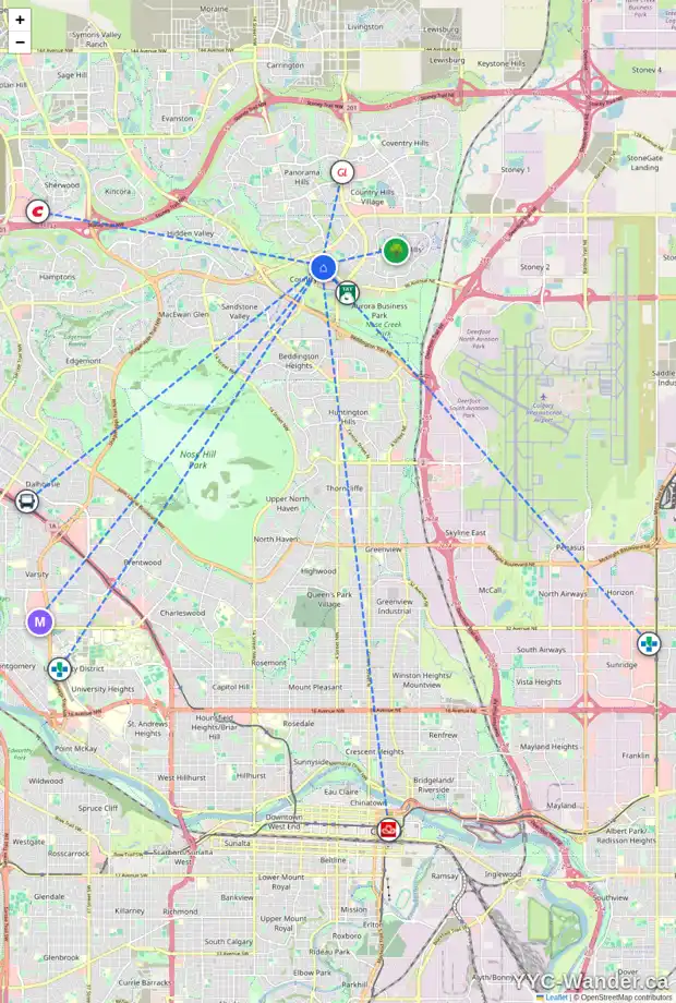 Daily accessibility map for 11 COUNTRY HILLS GA NW, Calgary showing nearby schools, grocery stores, parks, LRT stations and nearby amenities
