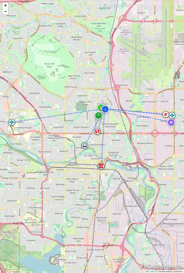 Daily accessibility map for 471 34 AV NE, Calgary showing nearby schools, grocery stores, parks, LRT stations and nearby amenities